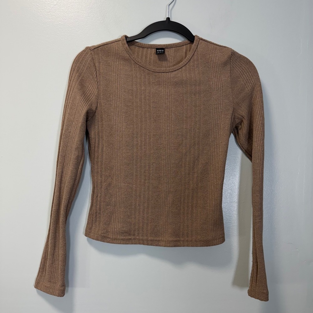 SHEIN Womens XS Brown Ribbed Long Sleeve Crew Neck Top JIT10487399